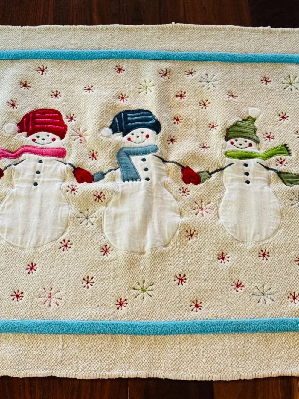 Christmas Bath Mat Embroidery Snowman Cotton Holiday Decor Wish for Joy India
